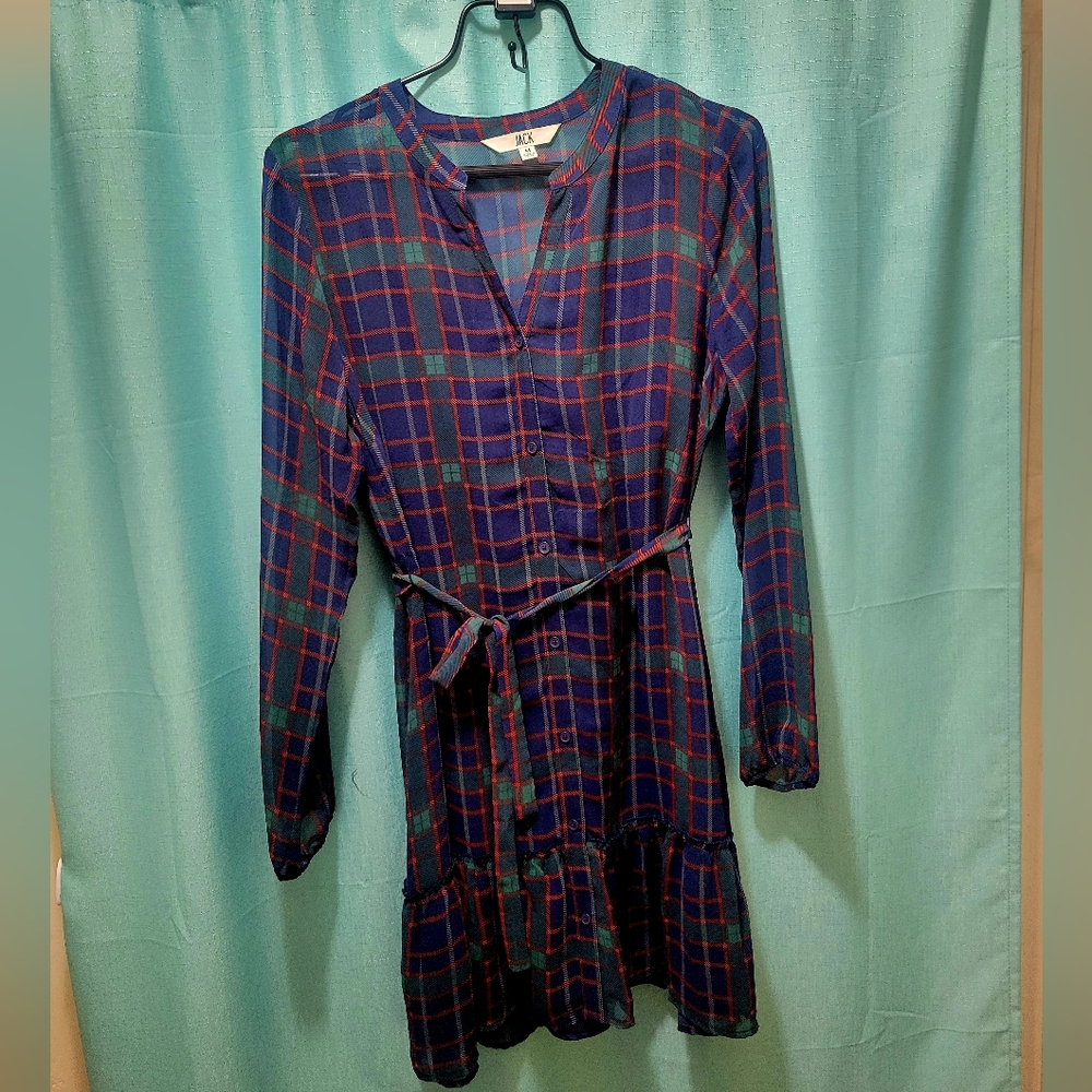JACK Tartan Plaid Tie Shirt dress Blue Green Long sleeve Knee length Size Medium